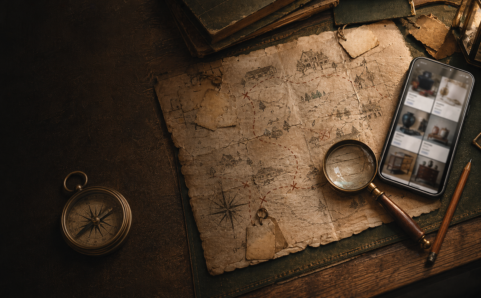 Treasure map, brass compass, route marks, loupe, pencil, and phone arranged for a weekend hunt